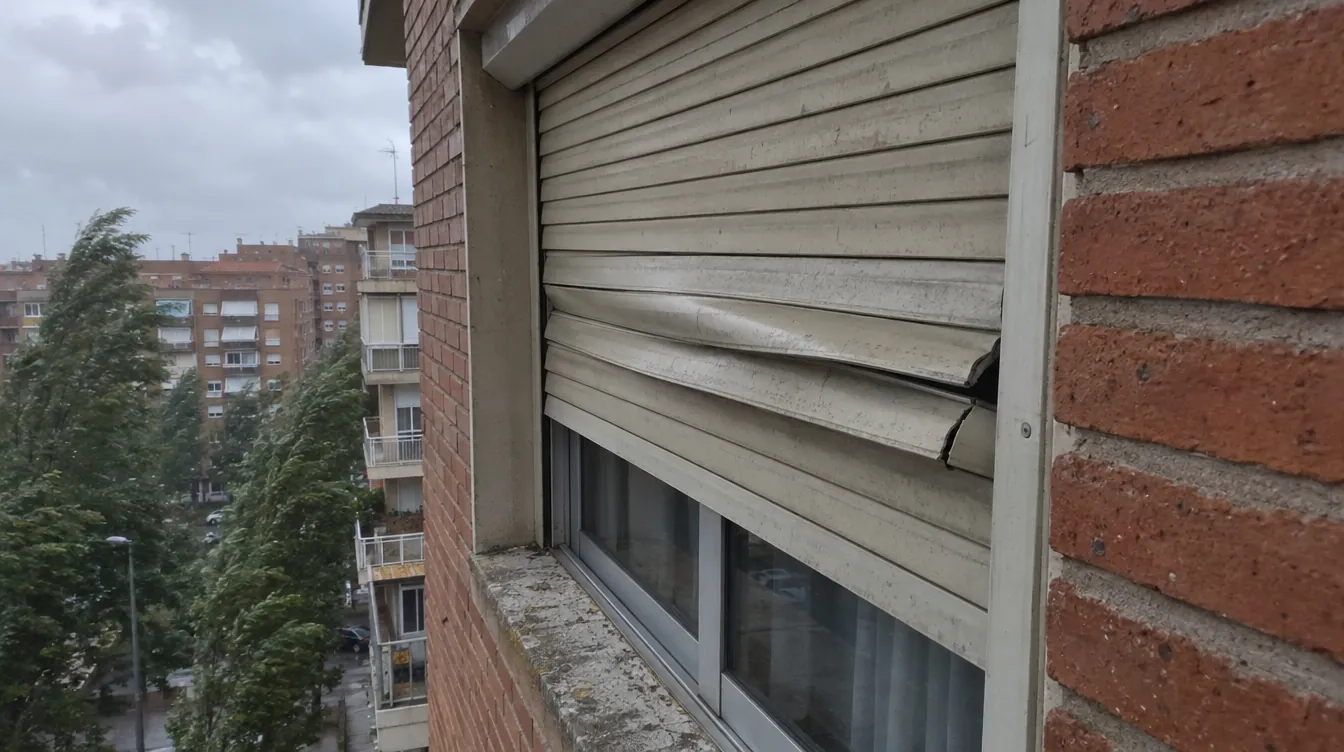 Persiana enrollable de aluminio beige vista desde un balcón en un día de viento, con dos lamas abolladas y una rajada junto a la guía