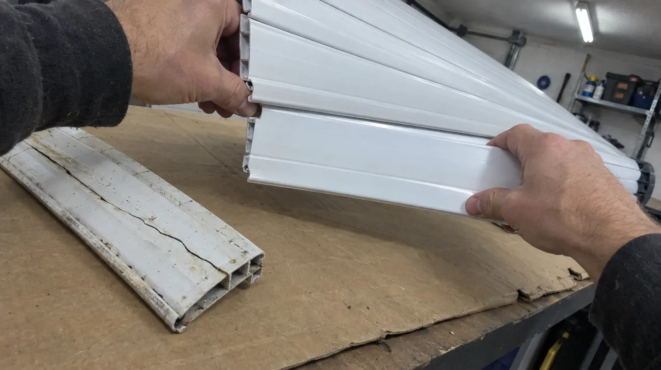 Dos manos deslizando de lado una lama nueva de PVC blanco en el encaje de la lama vecina, sobre una mesa de taller cubierta con cartón, con una lama vieja agrietada al lado