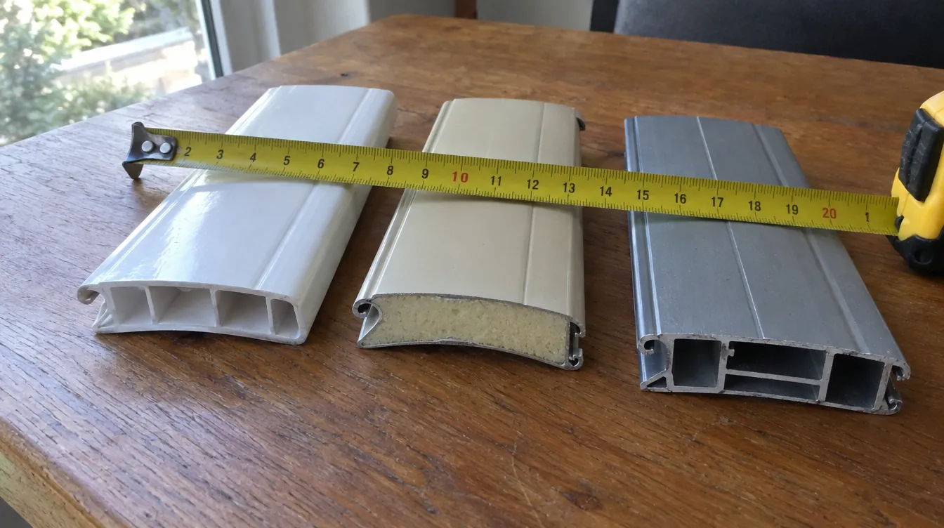 Tres muestras cortas de lamas de persiana sobre una mesa de madera: una de PVC blanco hueca, una de aluminio perfilado beige con espuma por dentro y una de aluminio extrusionado gris, con una cinta métrica encima