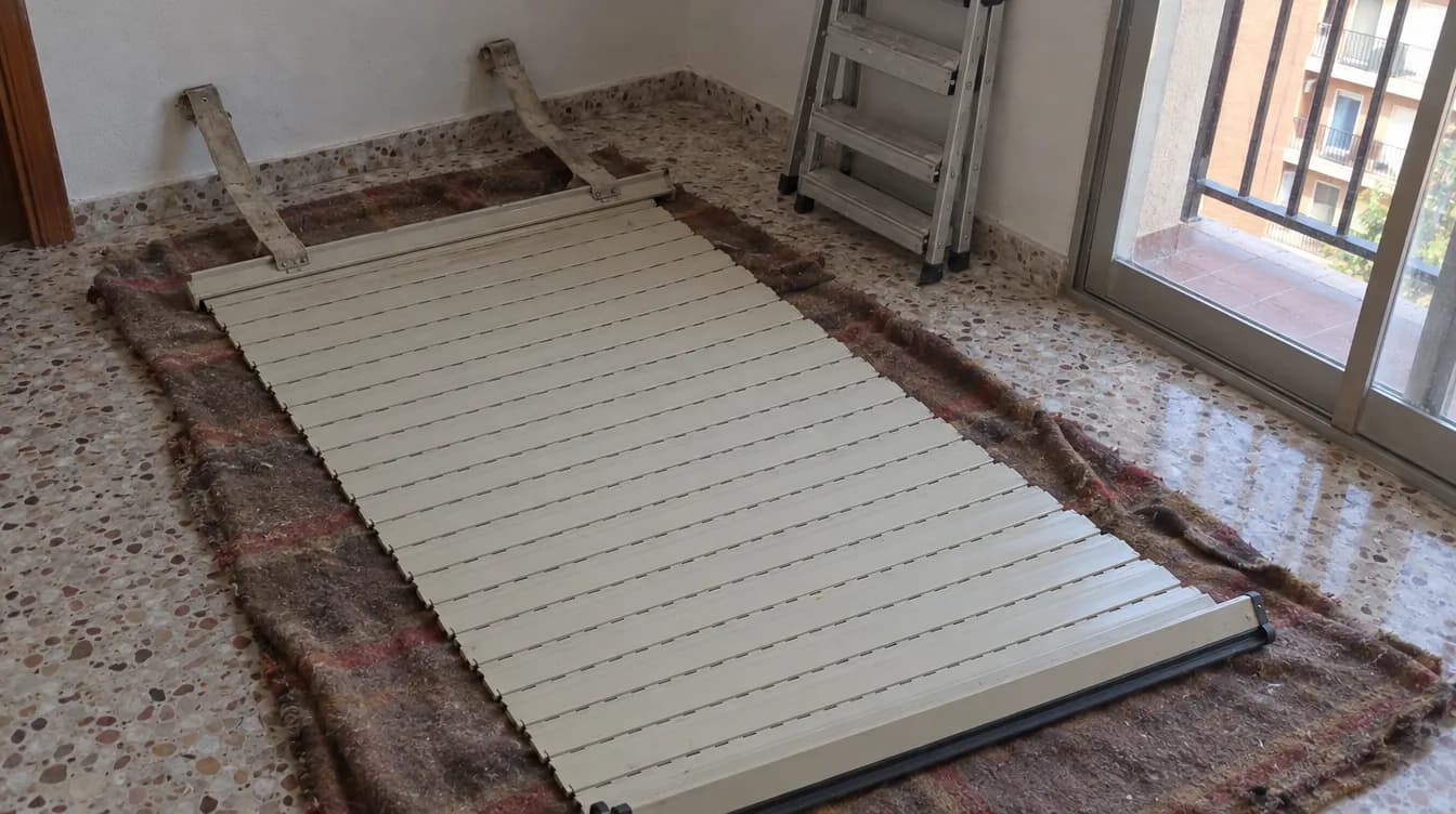 Paño de una persiana enrollable de aluminio desmontado y extendido sobre una manta en el suelo, con los flejes en la primera lama y una escalera de tijera junto a la pared