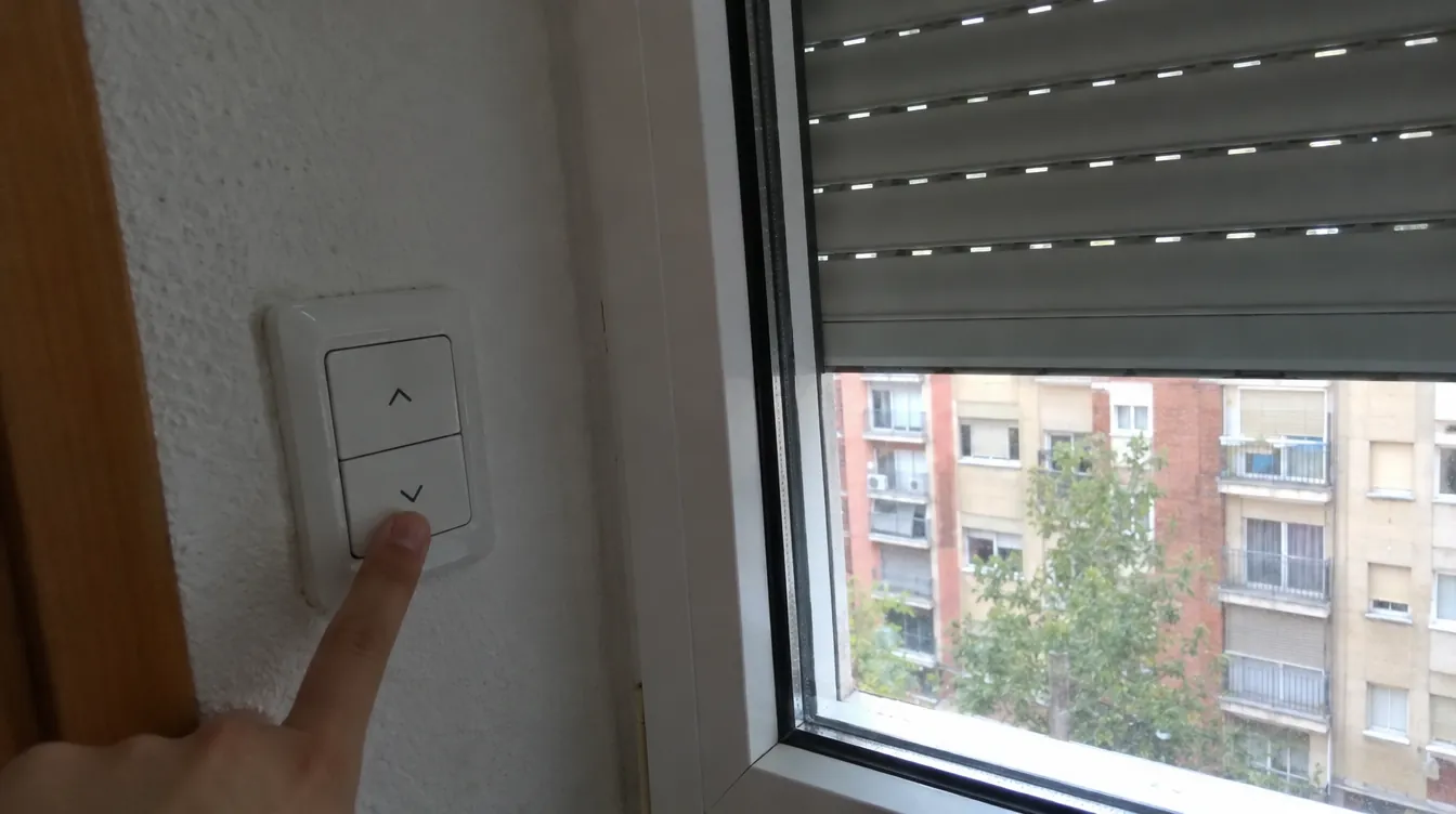 Dedo pulsando la tecla de bajada de un interruptor de pared de dos teclas para persiana, junto a una ventana con la persiana a media altura