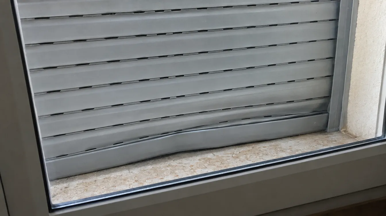 Parte baja de una persiana de aluminio gris cerrada tras el cristal, con la lama final apretada contra el alféizar y las últimas lamas abombadas