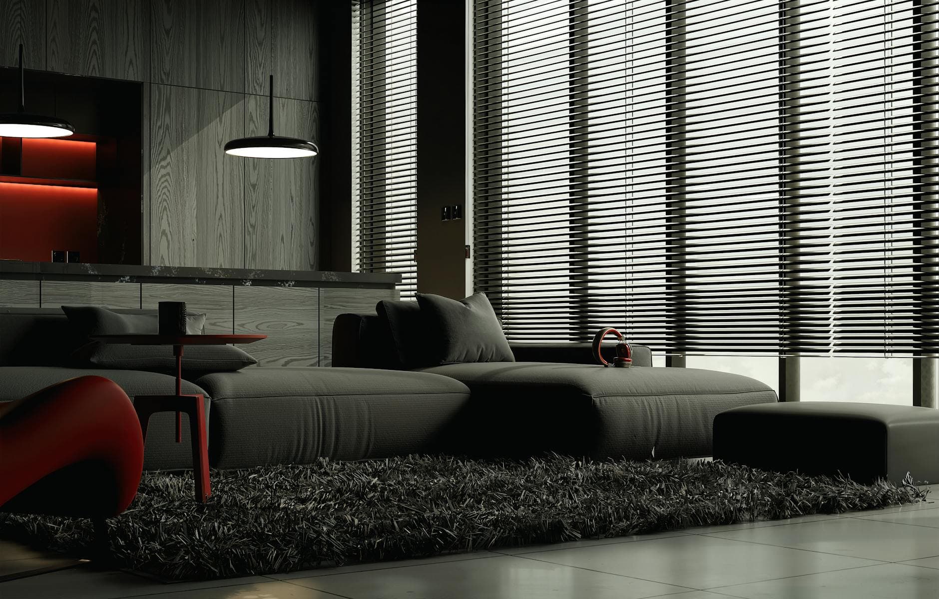 Salón moderno con grandes ventanales y persianas automatizadas